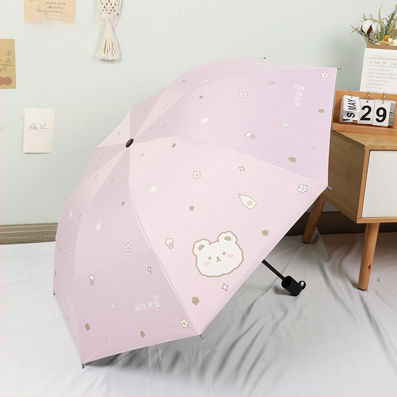 Сгъваем чадър с карикатурно мече дизайн, 8 стоманени ребра, плат 190T с винил покритие, автоматично отваряне, полуавтоматично затваряне, UV защита UPF > 30