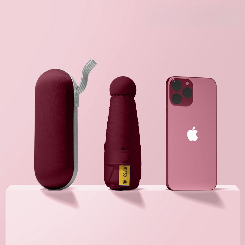 Red Leaves Петсекционен слънчев чадър, унисекс, компактен и преносим, 6 ребра, ръчно отваряне, UPF >50, 190T материя, стоманена ос