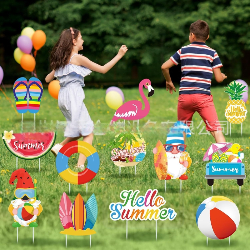 Διακοσμητικό σήμα κήπου για καλοκαίρι — μοτίβα φλαμίνγκο, ανανά, Χαβάη και πεπόνι, διακόσμηση κήπου για πάρτι (Μάρκα Hippopotamus)