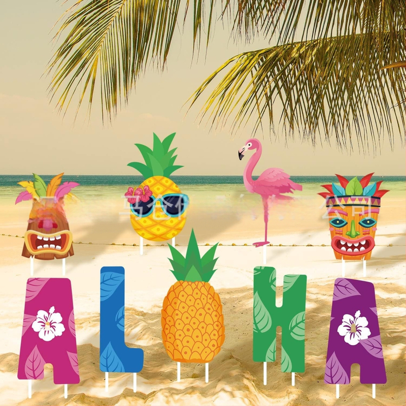 Διακοσμητικό σήμα κήπου για καλοκαίρι — μοτίβα φλαμίνγκο, ανανά, Χαβάη και πεπόνι, διακόσμηση κήπου για πάρτι (Μάρκα Hippopotamus)