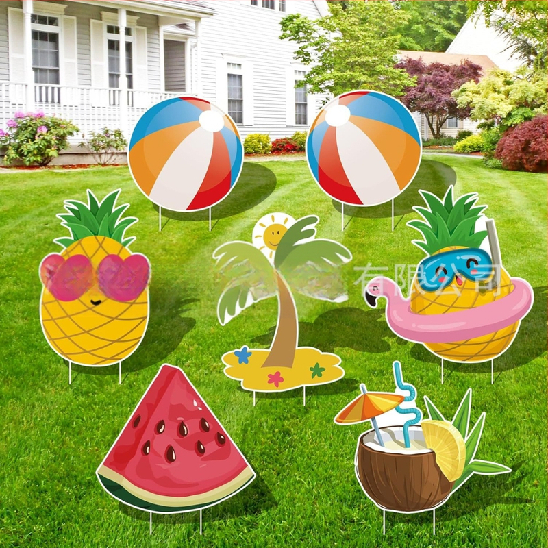 Διακοσμητικό σήμα κήπου για καλοκαίρι — μοτίβα φλαμίνγκο, ανανά, Χαβάη και πεπόνι, διακόσμηση κήπου για πάρτι (Μάρκα Hippopotamus)