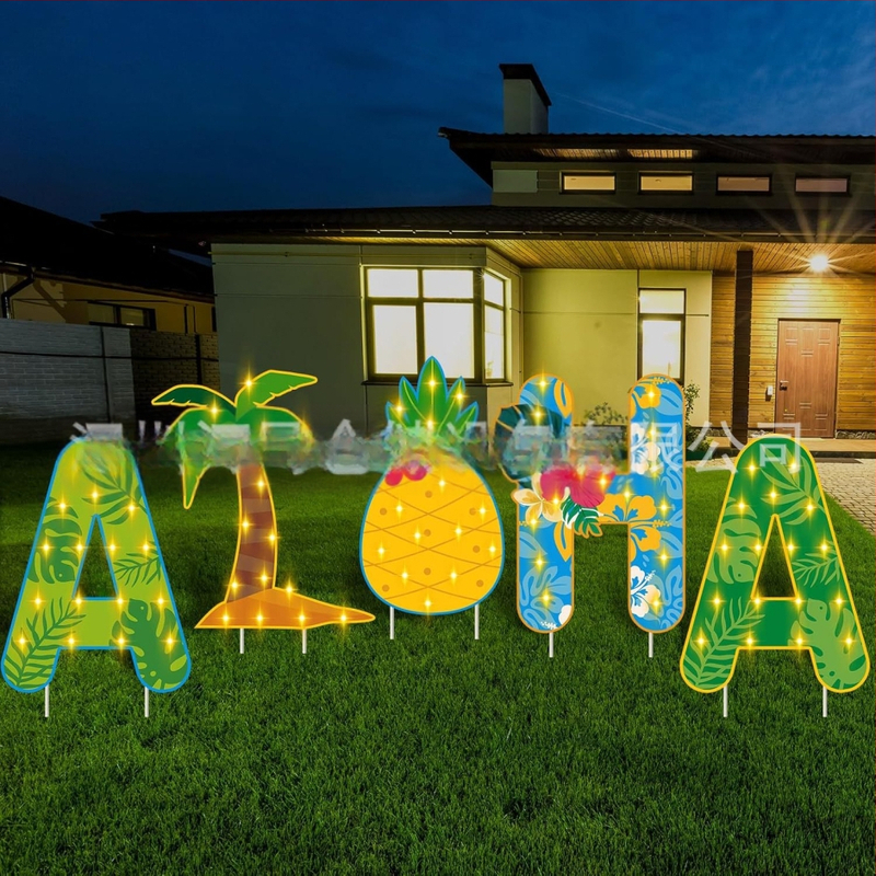 Διακοσμητικό σήμα κήπου για καλοκαίρι — μοτίβα φλαμίνγκο, ανανά, Χαβάη και πεπόνι, διακόσμηση κήπου για πάρτι (Μάρκα Hippopotamus)