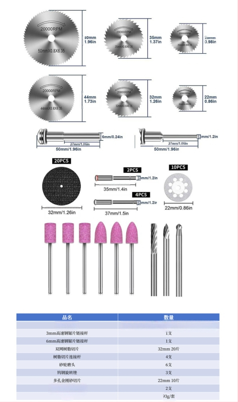 WELIBA Комплект дискове за рязане — диамантени и смолени дискове със стомана с висока скорост за дърво, метал и нефрит; максимална скорост на рязане 20000