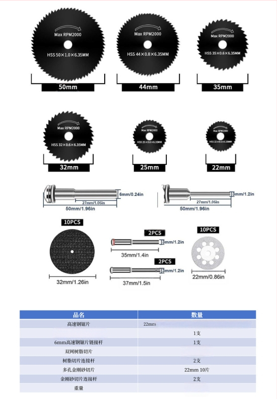 WELIBA Комплект дискове за рязане — диамантени и смолени дискове със стомана с висока скорост за дърво, метал и нефрит; максимална скорост на рязане 20000