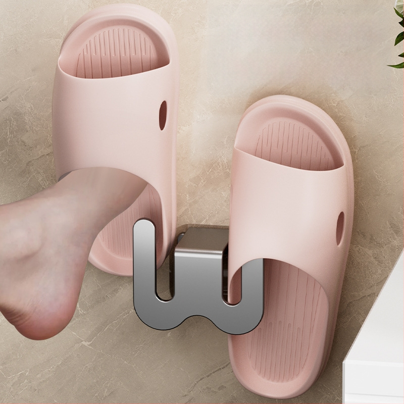 Ράφι για παντόφλες μπάνιου από ανθρακούχο ατσάλι, τοποθέτηση στον τοίχο χωρίς διάτρηση, με γάντζο αποστράγγισης, ελαφρύς πολυτελής σχεδιασμός