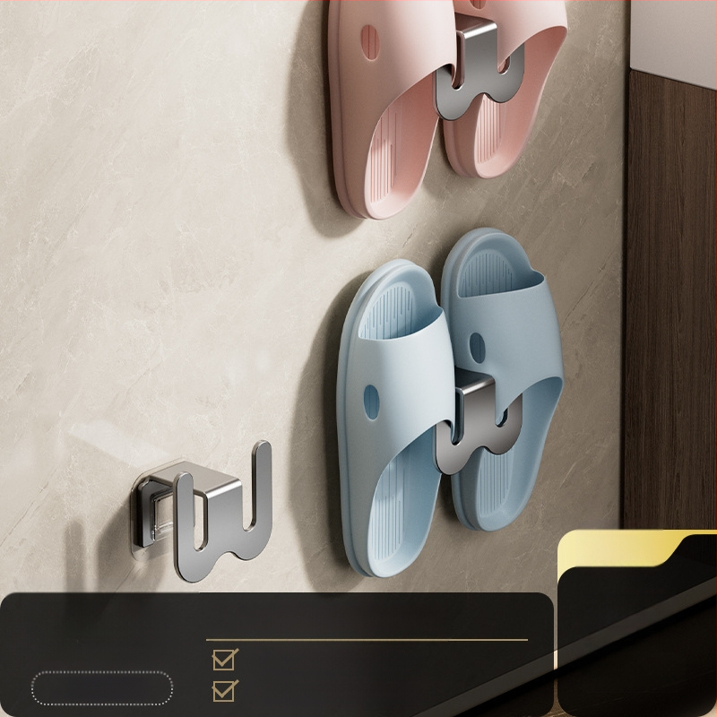 Ράφι για παντόφλες μπάνιου από ανθρακούχο ατσάλι, τοποθέτηση στον τοίχο χωρίς διάτρηση, με γάντζο αποστράγγισης, ελαφρύς πολυτελής σχεδιασμός