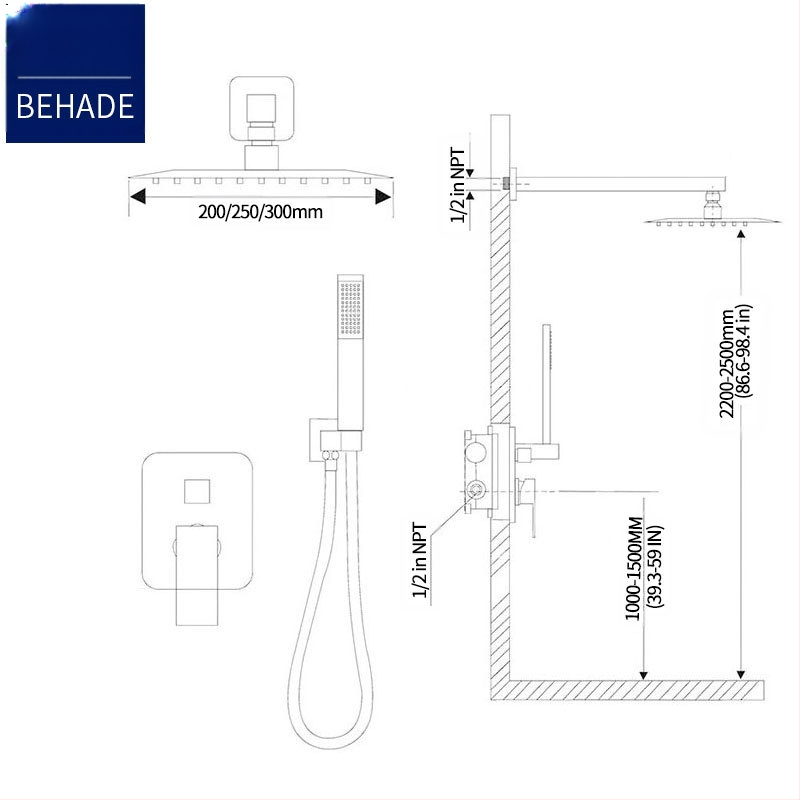 Paslėpta dušo sistema, varinis korpusas, lietaus funkcija, kvadratinė forma, modelis 079 US Gauge