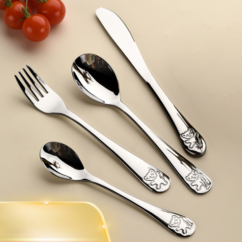 Vaikų peilio ir šakutės komplektas iš nerūdijančio plieno, karikatūrinis lokys, 410 nerūdijantis plienas, veidrodinis poliravimas, pritaikymas įmanomas