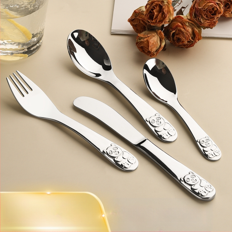 Vaikų peilio ir šakutės komplektas iš nerūdijančio plieno, karikatūrinis lokys, 410 nerūdijantis plienas, veidrodinis poliravimas, pritaikymas įmanomas