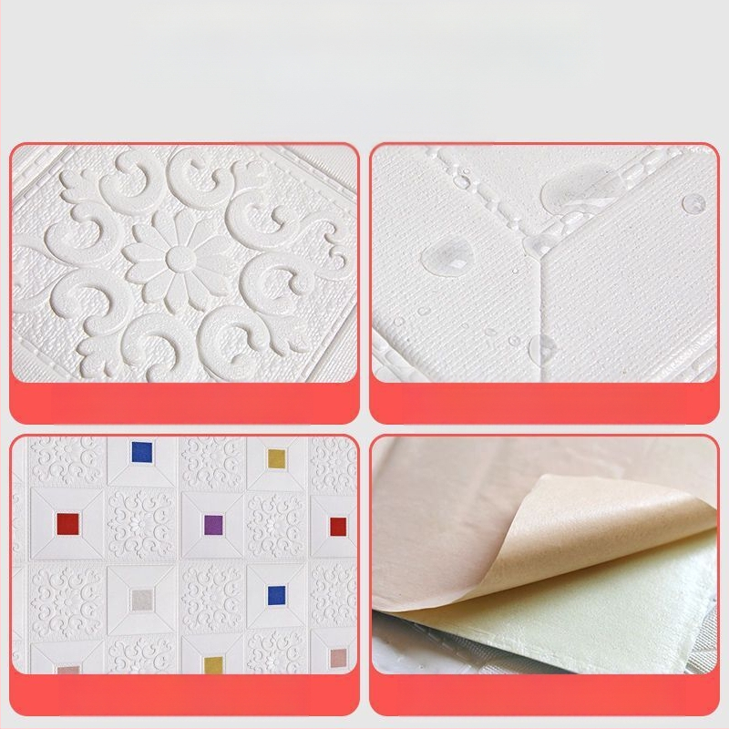 3D putų plytų sienų lipdukas, lipnus, atsparus vandeniui, pelėsiams, antistatinis ir garso izoliacija; iš XPE putų; motyvai: vieno tono, širdis, geometrija, penkiakampė žvaigždė, augalai; tinka svetainei, miegamajam ir biurui.