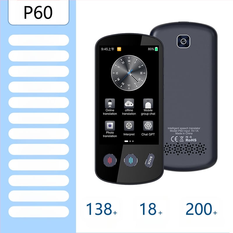 Daudzvalodu tulkotājs ar offline tulkojumu un tulkošanu pa mobilo tālrunī • Android pamatsistēma • Bluetooth atbalsts • Bezvadu darbības diapazons 5 m • Darbības režīms: pogu + skārienjūtīgs ekrāns