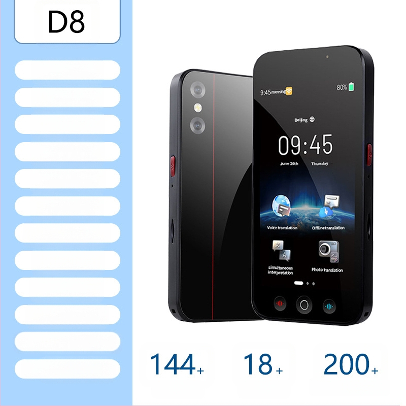 Daudzvalodu tulkotājs ar offline tulkojumu un tulkošanu pa mobilo tālrunī • Android pamatsistēma • Bluetooth atbalsts • Bezvadu darbības diapazons 5 m • Darbības režīms: pogu + skārienjūtīgs ekrāns