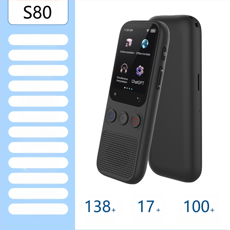 Daudzvalodu tulkotājs ar offline tulkojumu un tulkošanu pa mobilo tālrunī • Android pamatsistēma • Bluetooth atbalsts • Bezvadu darbības diapazons 5 m • Darbības režīms: pogu + skārienjūtīgs ekrāns