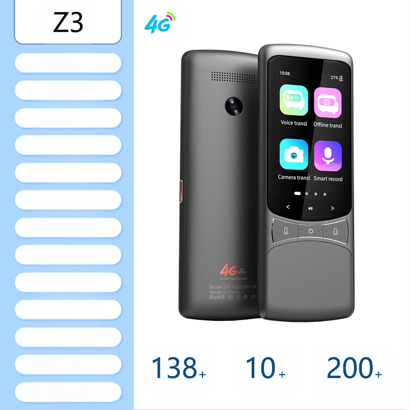Daudzvalodu tulkotājs ar offline tulkojumu un tulkošanu pa mobilo tālrunī • Android pamatsistēma • Bluetooth atbalsts • Bezvadu darbības diapazons 5 m • Darbības režīms: pogu + skārienjūtīgs ekrāns