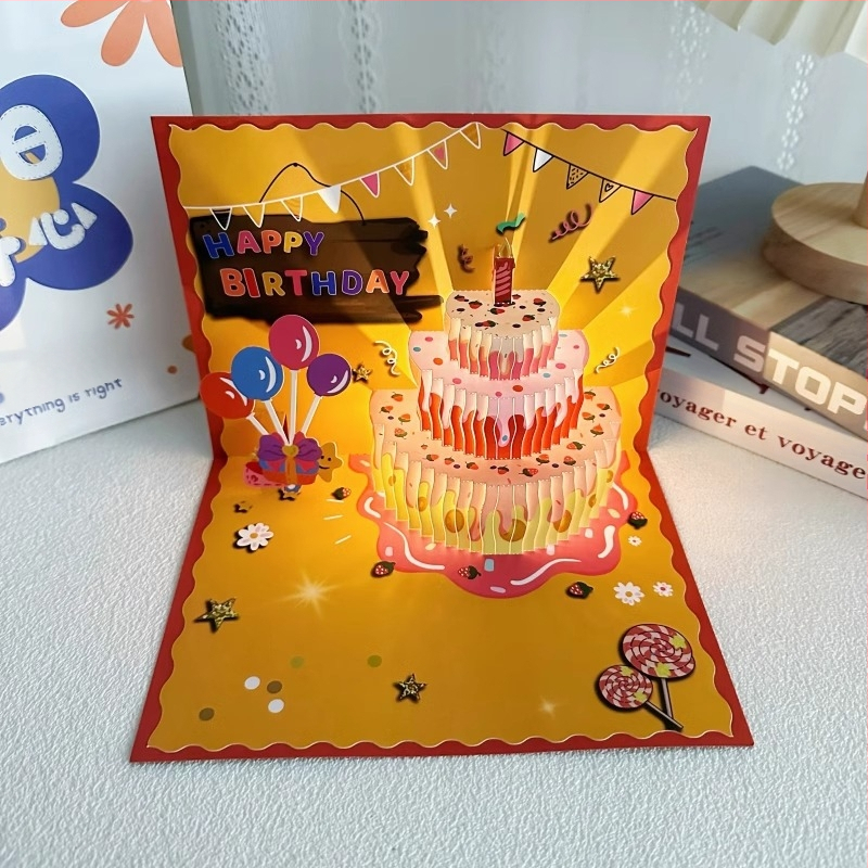 Κάρτα γενεθλίων - 3D μοτίβο φράουας τούρτας, μουσικά φώτα, εκτύπωση, για γενέθλια, απλός μοντέρνος σχεδιασμός