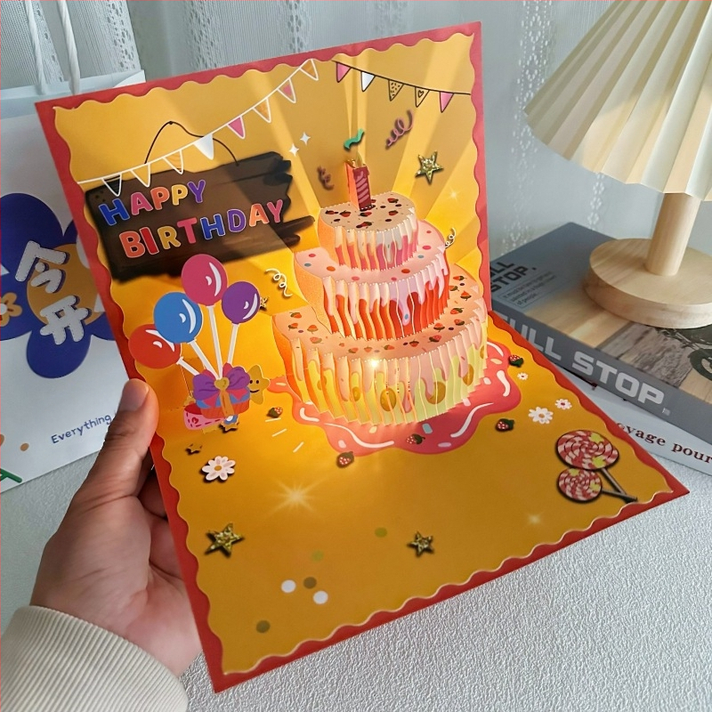 Κάρτα γενεθλίων - 3D μοτίβο φράουας τούρτας, μουσικά φώτα, εκτύπωση, για γενέθλια, απλός μοντέρνος σχεδιασμός