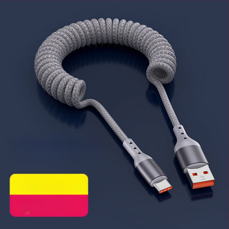 Nailono pynimo duomenų kabelis su atsitraukiančiu mechanizmu, 100W greitas įkrovimas, Lightning ir Type-C jungtys, nailono audinys