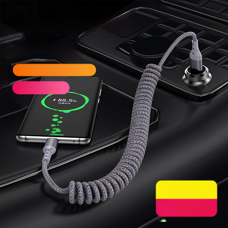 Nailono pynimo duomenų kabelis su atsitraukiančiu mechanizmu, 100W greitas įkrovimas, Lightning ir Type-C jungtys, nailono audinys