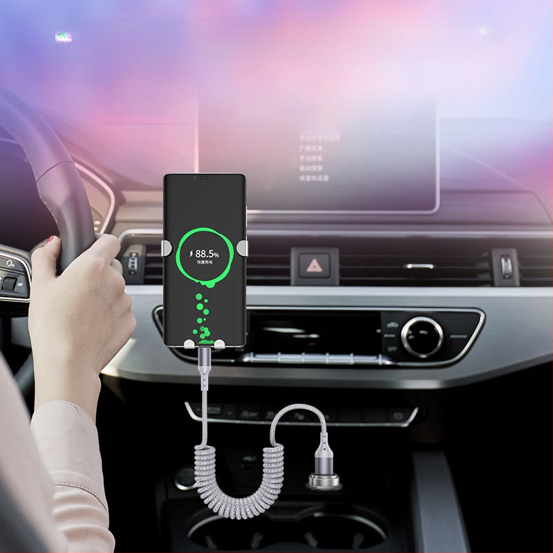 Nailono pynimo duomenų kabelis su atsitraukiančiu mechanizmu, 100W greitas įkrovimas, Lightning ir Type-C jungtys, nailono audinys