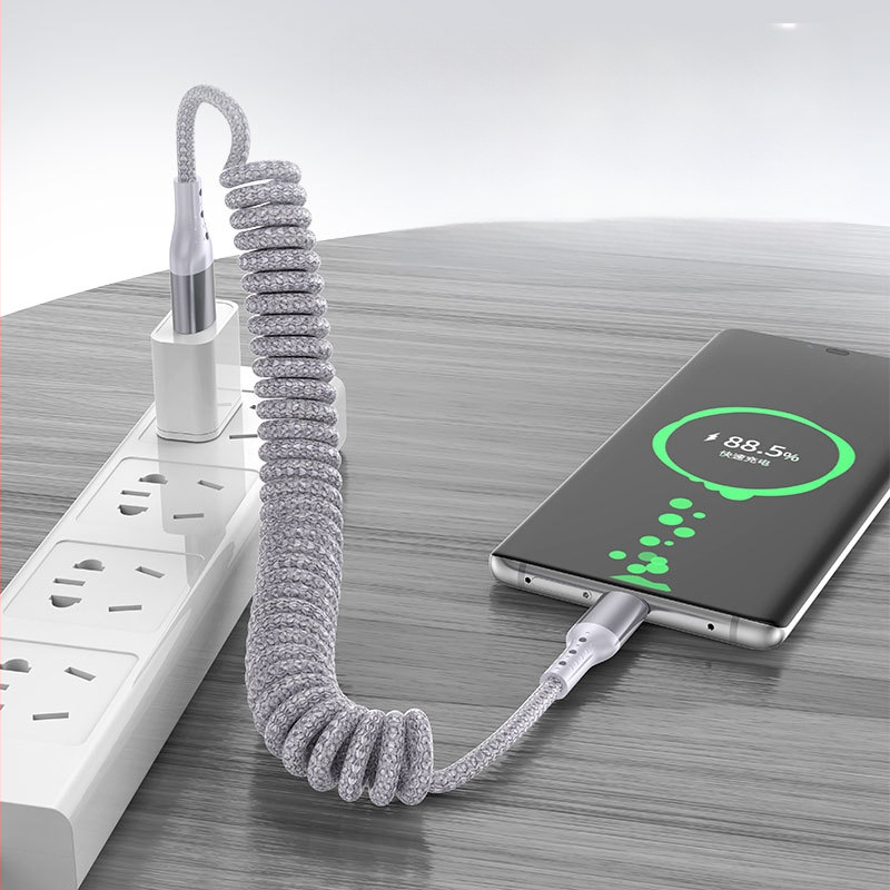 Nailono pynimo duomenų kabelis su atsitraukiančiu mechanizmu, 100W greitas įkrovimas, Lightning ir Type-C jungtys, nailono audinys