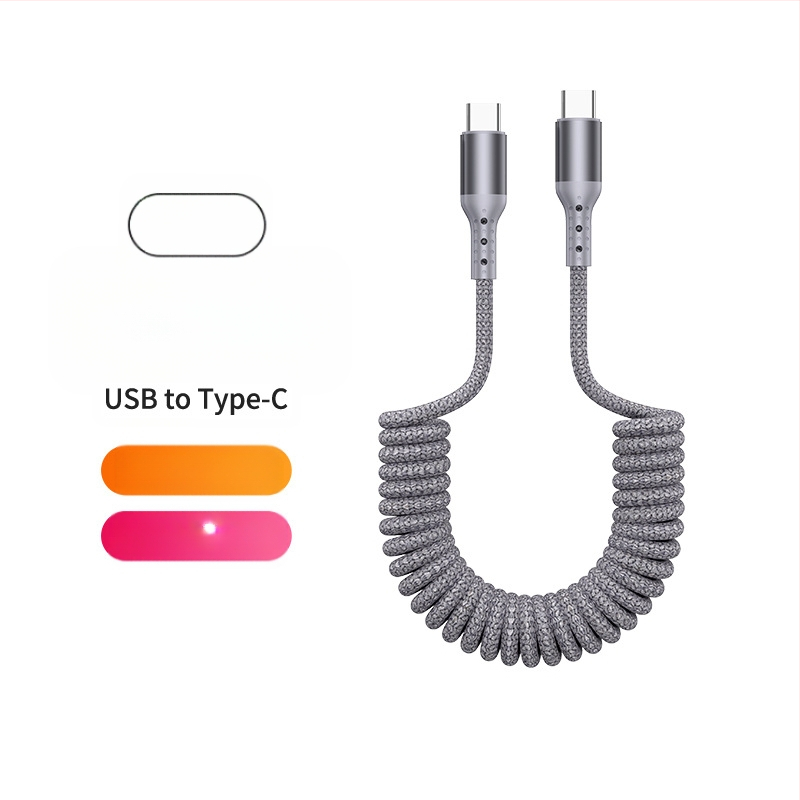 Nailono pynimo duomenų kabelis su atsitraukiančiu mechanizmu, 100W greitas įkrovimas, Lightning ir Type-C jungtys, nailono audinys