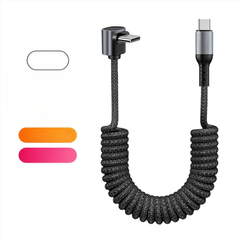 Nailono pynimo duomenų kabelis su atsitraukiančiu mechanizmu, 100W greitas įkrovimas, Lightning ir Type-C jungtys, nailono audinys