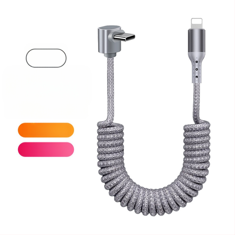 Nailono pynimo duomenų kabelis su atsitraukiančiu mechanizmu, 100W greitas įkrovimas, Lightning ir Type-C jungtys, nailono audinys