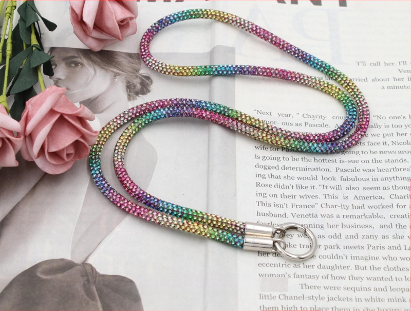 Телефонна каишка за врата с диамантени кристали, двойна катарама, тънък ремък, ръчна изработка