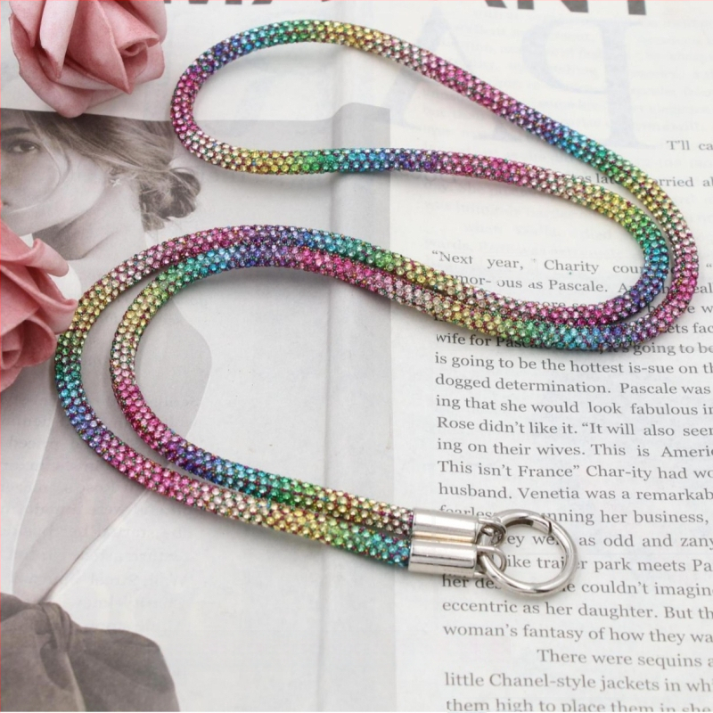 Телефонна каишка за врата с диамантени кристали, двойна катарама, тънък ремък, ръчна изработка