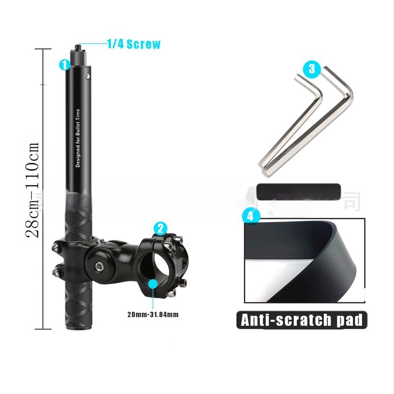 Držiak kameros trečiosios asmenų vaizdui motociklui/dviraciui – aliuminio lydinys; selfie lazda suderinama su GoPro ir Insta360 X3