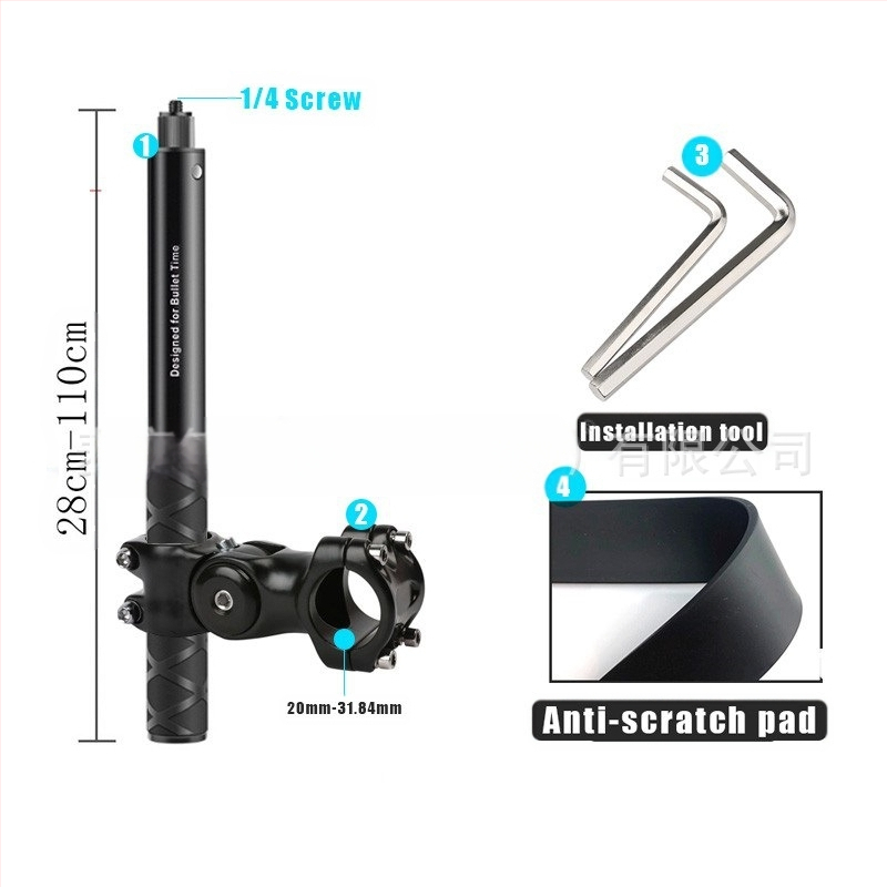 Držiak kameros trečiosios asmenų vaizdui motociklui/dviraciui – aliuminio lydinys; selfie lazda suderinama su GoPro ir Insta360 X3