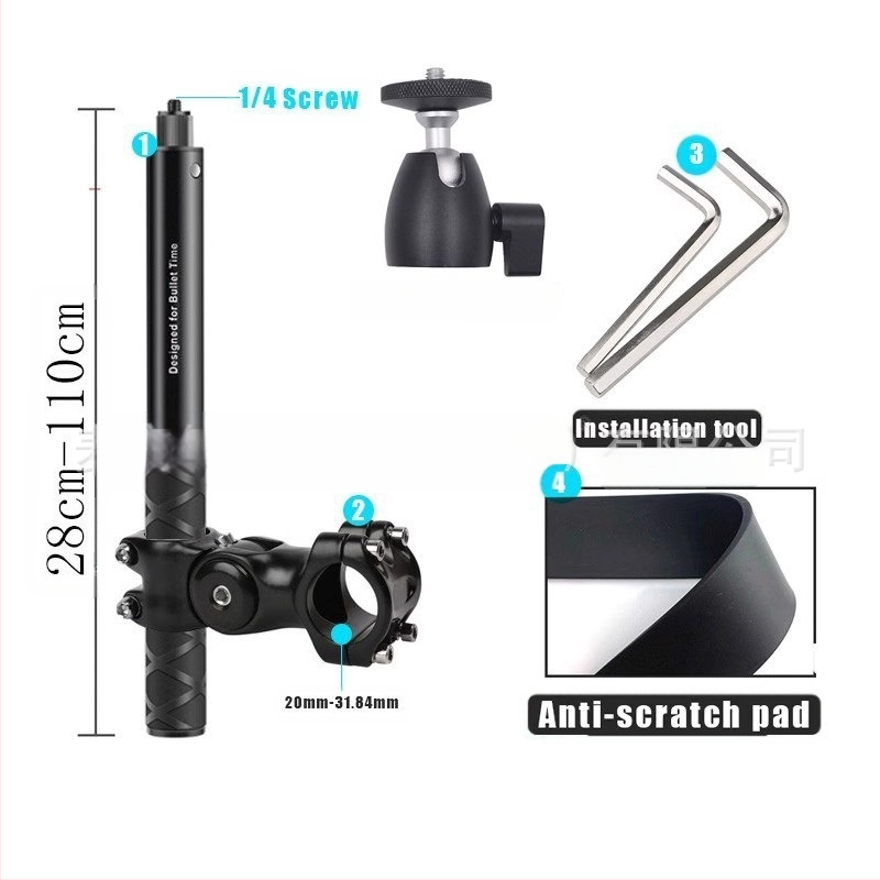 Držiak kameros trečiosios asmenų vaizdui motociklui/dviraciui – aliuminio lydinys; selfie lazda suderinama su GoPro ir Insta360 X3