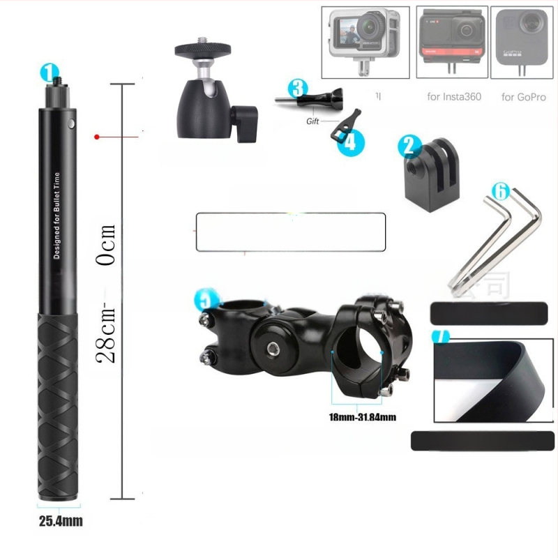 Držiak kameros trečiosios asmenų vaizdui motociklui/dviraciui – aliuminio lydinys; selfie lazda suderinama su GoPro ir Insta360 X3