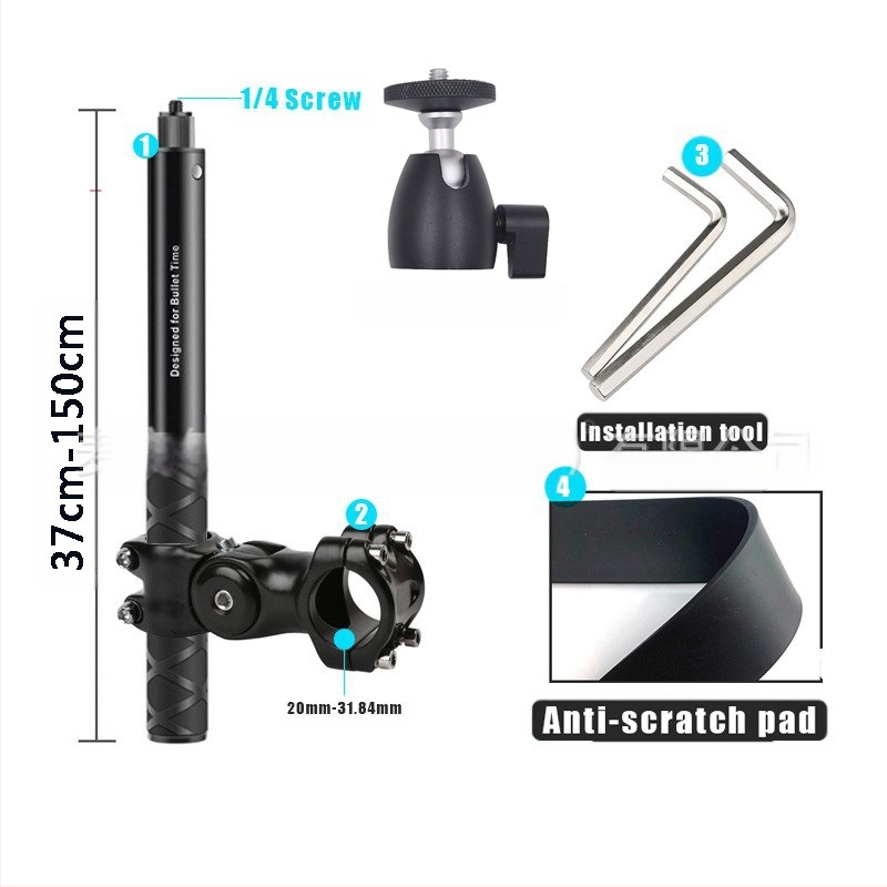 Držiak kameros trečiosios asmenų vaizdui motociklui/dviraciui – aliuminio lydinys; selfie lazda suderinama su GoPro ir Insta360 X3