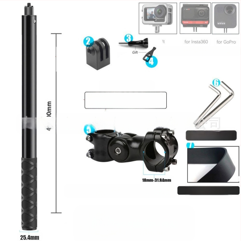 Držiak kameros trečiosios asmenų vaizdui motociklui/dviraciui – aliuminio lydinys; selfie lazda suderinama su GoPro ir Insta360 X3