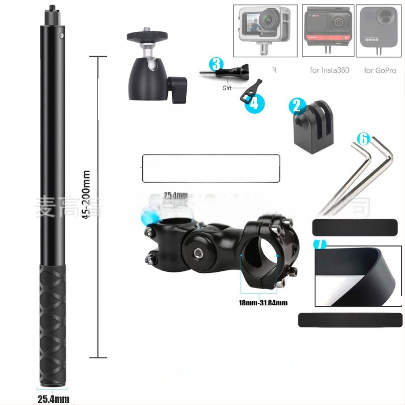 Držiak kameros trečiosios asmenų vaizdui motociklui/dviraciui – aliuminio lydinys; selfie lazda suderinama su GoPro ir Insta360 X3