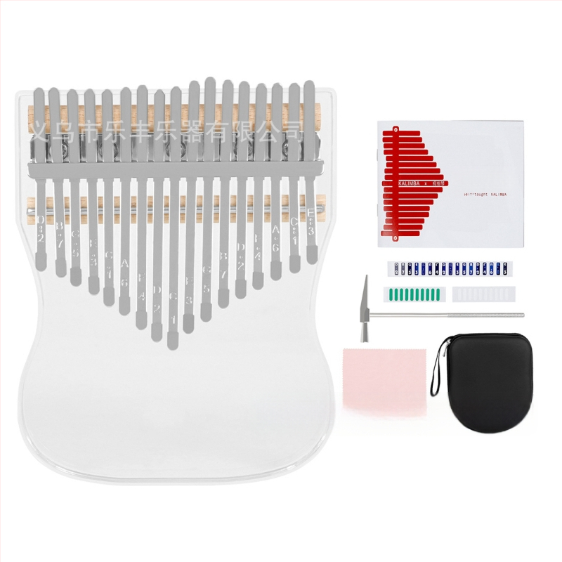 Kalimba cu 17 note – pian deget transparent din cristal pentru începători, model KB-06; specificații 12×2×15; ambalaj tavă