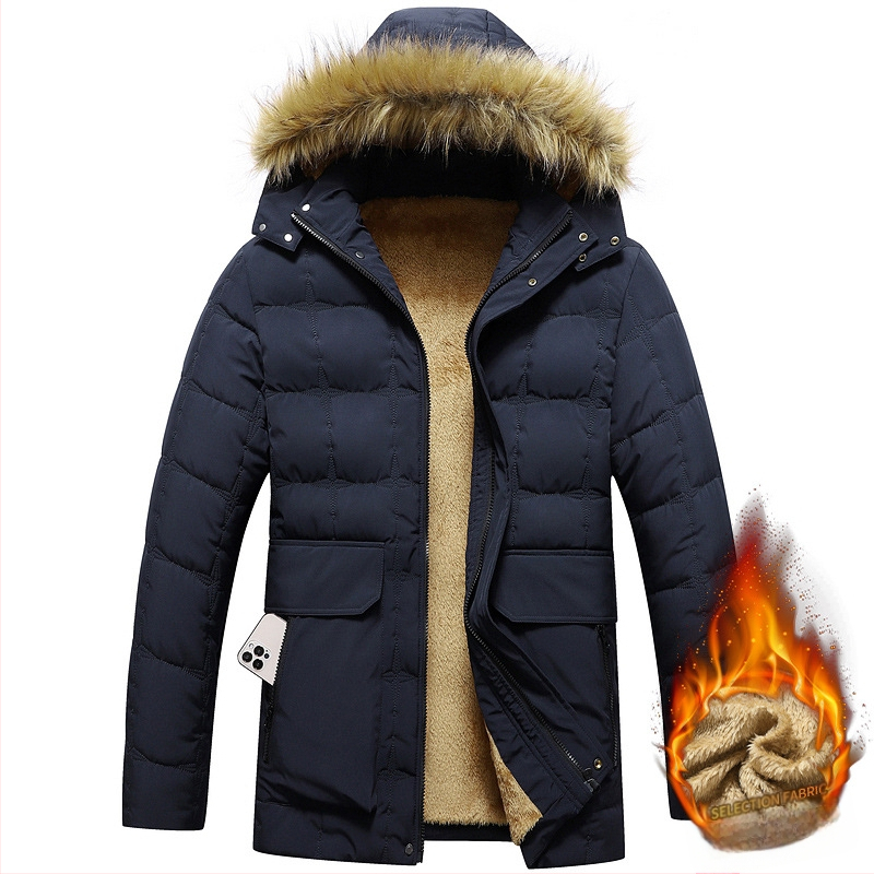 Ανδρικό χειμερινό μπουφάν με γέμισμα πολυεστερικού, παχύ, κουκούλα, φερμουάρ, εξωτερικό ύφασμα corduroy, βασικό ύφασμα: μαλλί, επένδυση: λινό, πολλαπλές τσέπες, για ενήλικες μεσαίας ηλικίας