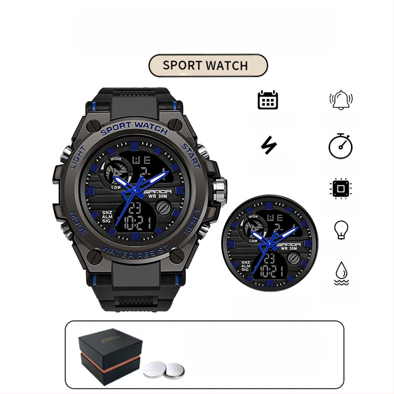 Мъжки многофункционален спортен часовник за открито – луминесцентен, 50m водоустойчив, електронно движение (японски, 2016), дисплей: стрелки + цифри, аларма