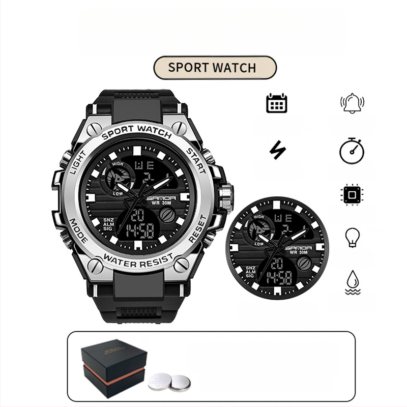 Мъжки многофункционален спортен часовник за открито – луминесцентен, 50m водоустойчив, електронно движение (японски, 2016), дисплей: стрелки + цифри, аларма