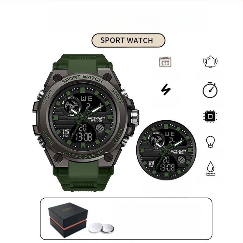 Мъжки многофункционален спортен часовник за открито – луминесцентен, 50m водоустойчив, електронно движение (японски, 2016), дисплей: стрелки + цифри, аларма