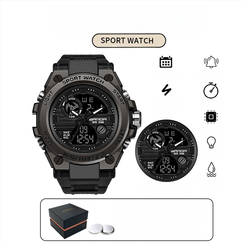 Мъжки многофункционален спортен часовник за открито – луминесцентен, 50m водоустойчив, електронно движение (японски, 2016), дисплей: стрелки + цифри, аларма