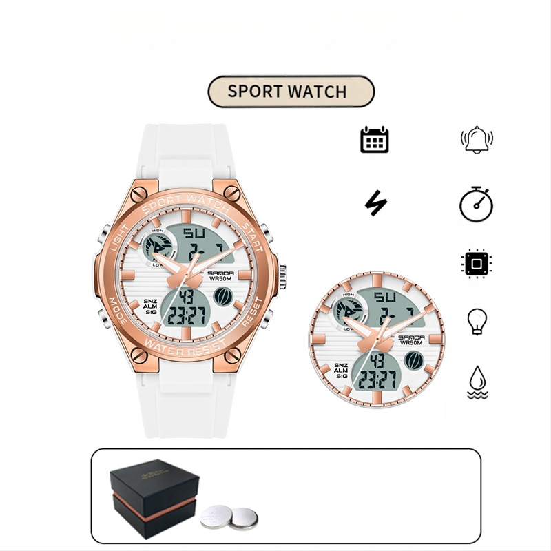 Мъжки многофункционален спортен часовник за открито – луминесцентен, 50m водоустойчив, електронно движение (японски, 2016), дисплей: стрелки + цифри, аларма