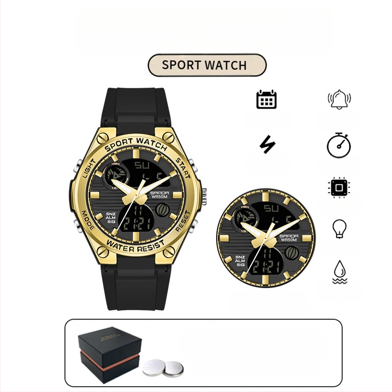 Мъжки многофункционален спортен часовник за открито – луминесцентен, 50m водоустойчив, електронно движение (японски, 2016), дисплей: стрелки + цифри, аларма
