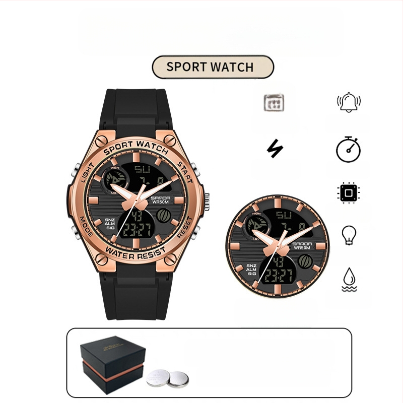 Мъжки многофункционален спортен часовник за открито – луминесцентен, 50m водоустойчив, електронно движение (японски, 2016), дисплей: стрелки + цифри, аларма