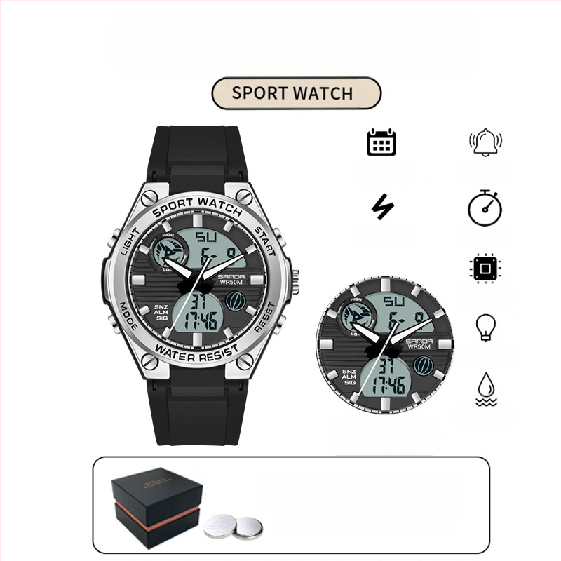 Мъжки многофункционален спортен часовник за открито – луминесцентен, 50m водоустойчив, електронно движение (японски, 2016), дисплей: стрелки + цифри, аларма