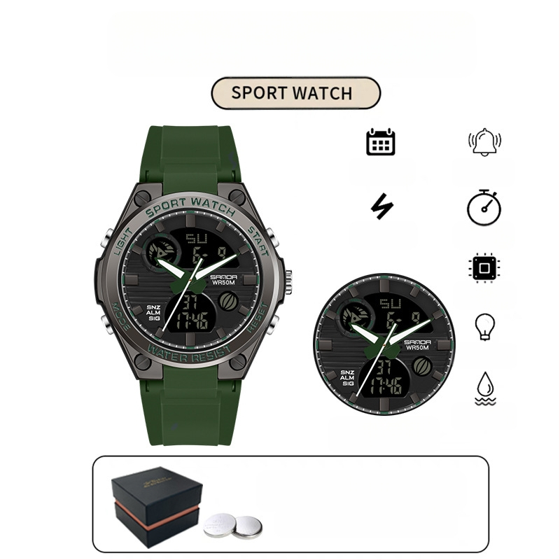 Мъжки многофункционален спортен часовник за открито – луминесцентен, 50m водоустойчив, електронно движение (японски, 2016), дисплей: стрелки + цифри, аларма