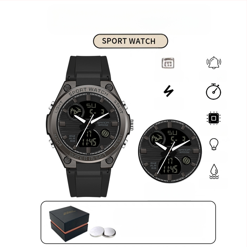 Мъжки многофункционален спортен часовник за открито – луминесцентен, 50m водоустойчив, електронно движение (японски, 2016), дисплей: стрелки + цифри, аларма