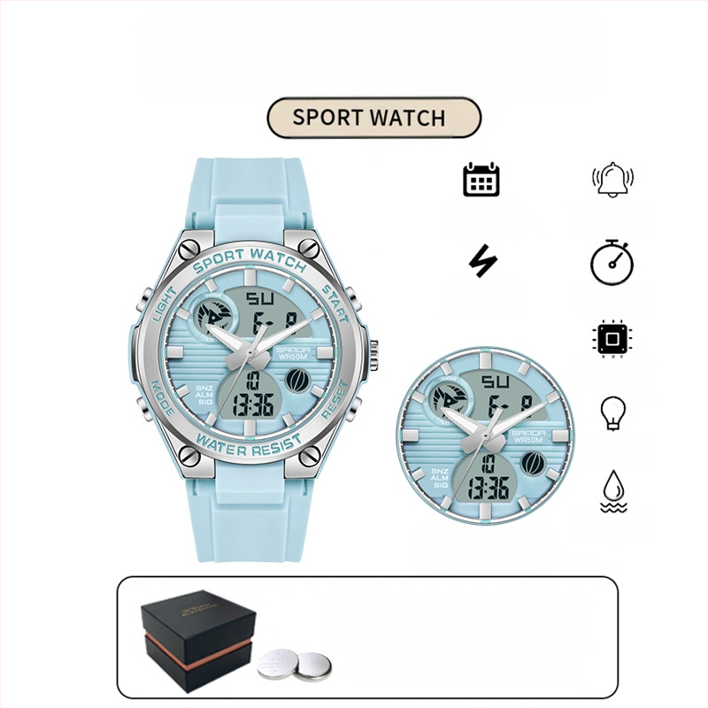 Мъжки многофункционален спортен часовник за открито – луминесцентен, 50m водоустойчив, електронно движение (японски, 2016), дисплей: стрелки + цифри, аларма