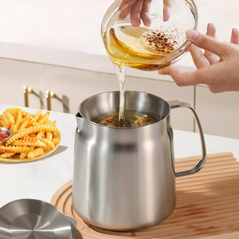 304 nerūdijančio plieno aliejaus filtravimo puodas, namų aliejaus saugojimo indas su dangčiu ir filtru, tinkamas pilimui aliejaus ir aliejaus šepetėliui